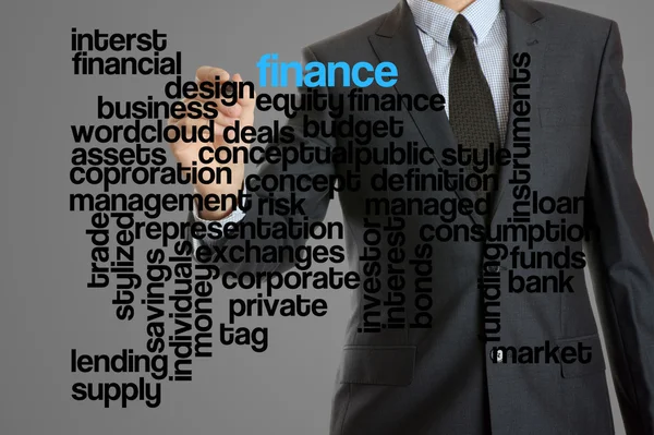 Word cloud related to finance written by businessman — Stock Photo, Image