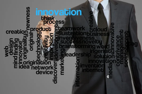 Ordet moln med innovation skriven av affärsman — Stockfoto
