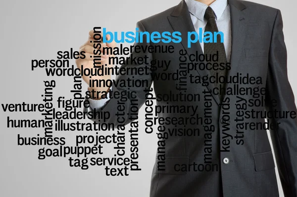 Affärsman med virtuella gränssnitt för business plan wordcloud — Stockfoto