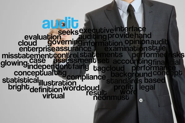 Zakenman met virtuele interface van audit wordcloud — Stockfoto