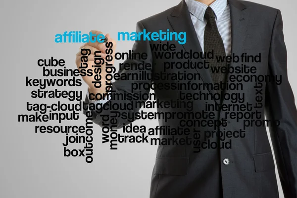 Geschäftsmann mit virtueller Schnittstelle von Affiliate Marketing Wordcloud — Stockfoto