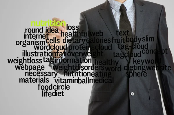 Homem de negócios com interface virtual de nutrição wordcloud — Fotografia de Stock