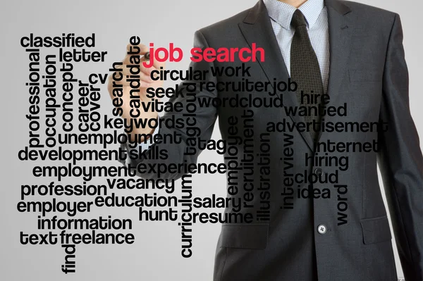 Geschäftsmann mit virtueller Schnittstelle der Jobsuche Wordcloud — Stockfoto