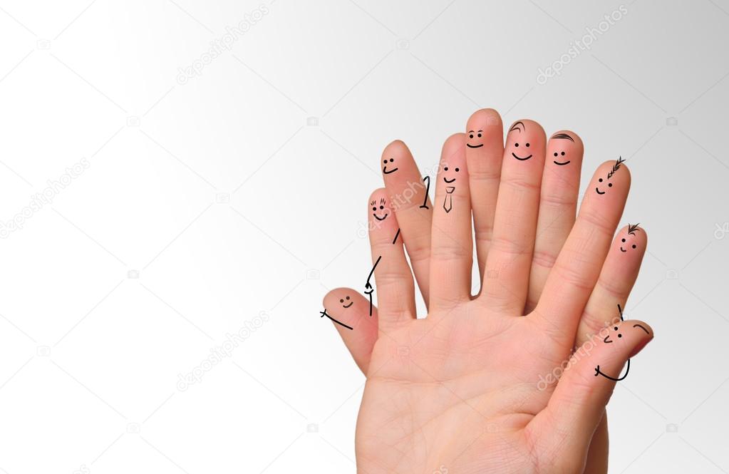Happy group of finger smileys. Fingers representing a social network