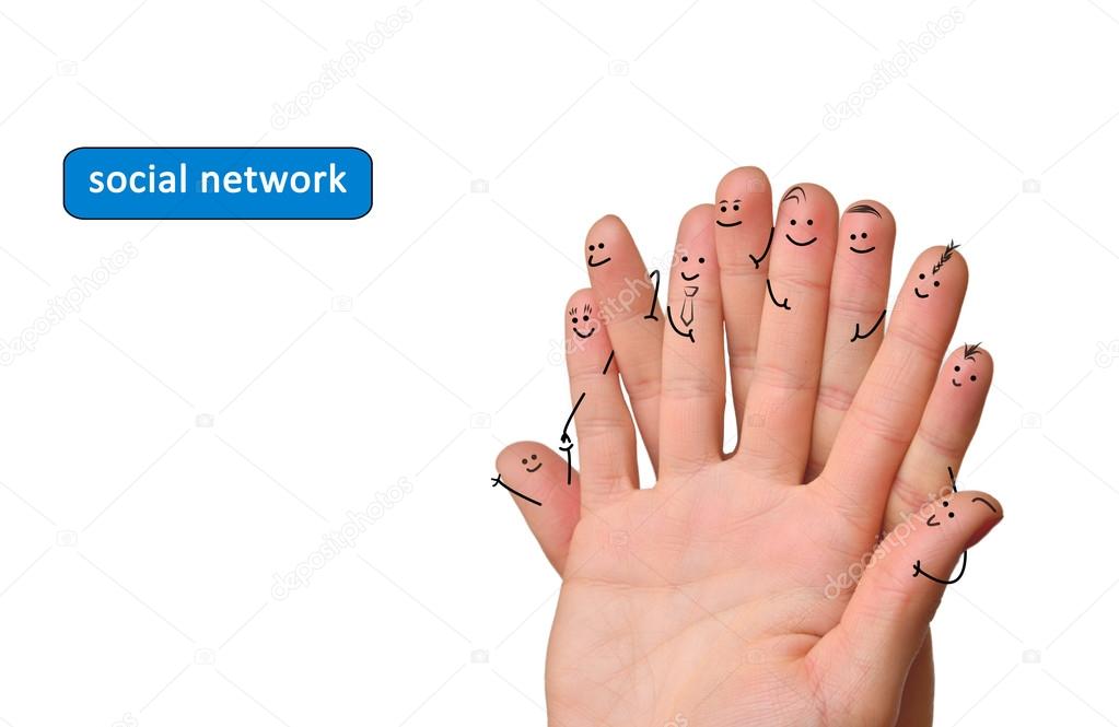 Happy group of finger smileys. Fingers representing a social network