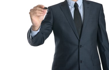 Beyaz arka plan üzerinde izole işareti ile yazma iş adamı