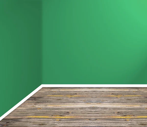 Esquina de la habitación vacía con suelo de madera y pared verde — Foto de Stock