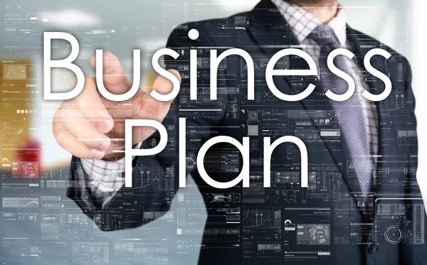 Affärsmannen är väljer Business Plan från beröring skärm — Stockfoto