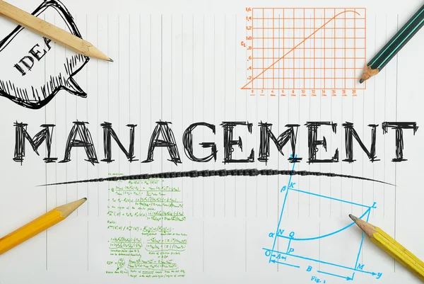 Note in the notebook concerning Management with pencils around — Stock Photo, Image