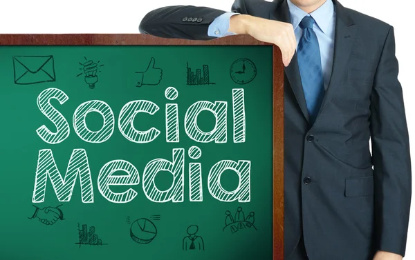 Sociální média na tabuli prezentující podnikatele nebo učitel — Stock fotografie