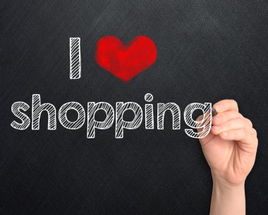 Koyu arka plan üzerinde el yazısı alışveriş seviyorum