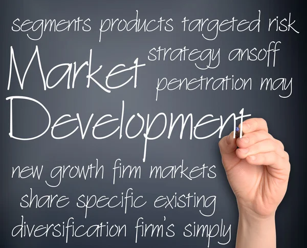 Contexto conceito wordcloud ilustração do novo desenvolvimento do mercado — Fotografia de Stock