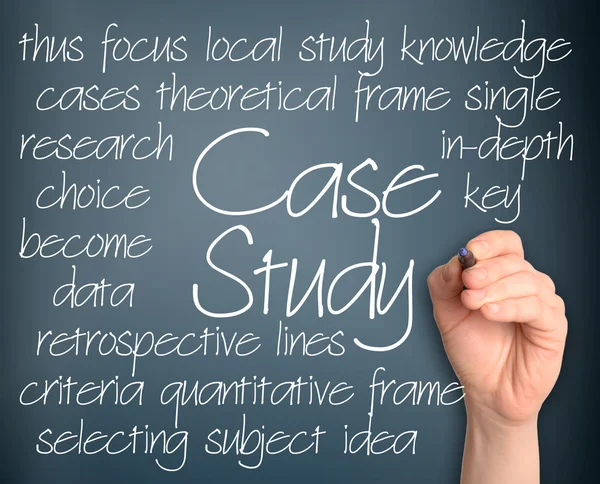 Case study word cloud handwritten on dark blue background — Stock Photo, Image