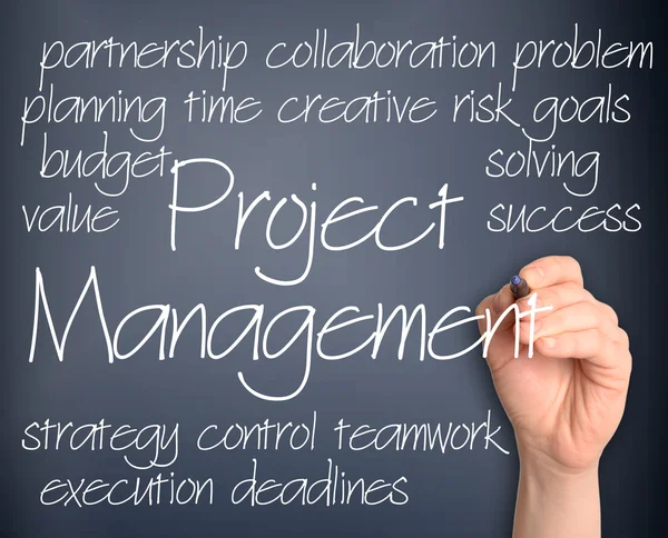 Project management word cloud handskriven på mörk blå bak — Stockfoto