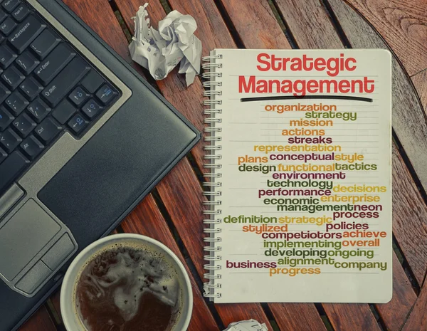 Notebook lying on the table with the written words associated with Strategic Management — Stock Photo, Image