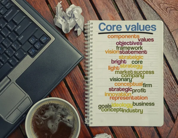 Zápisník ležící na stole s napsaná slova spojená s základními hodnotami — Stock fotografie