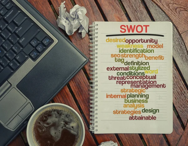 Feküdt az asztalon, az írott szavak társított Swot notebook — Stock Fotó
