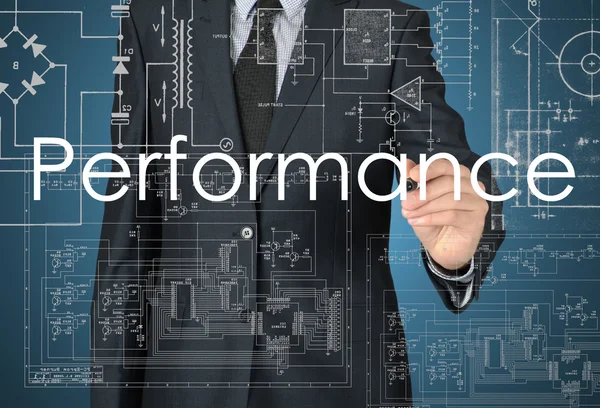 The businessman is writing Performance on the transparent board — Stock Photo, Image