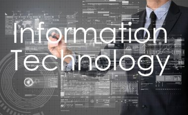 işadamı teknolojik terminoloji sanal ekranda - bilgi teknolojisi yazma