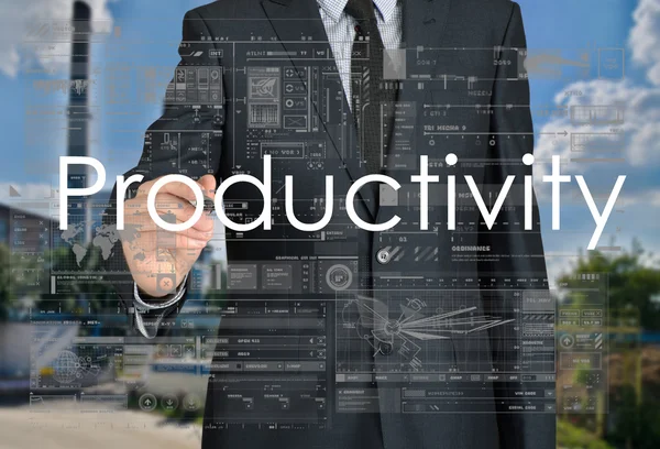Empresário escrevendo produtividade em segundo plano é uma fábrica — Fotografia de Stock
