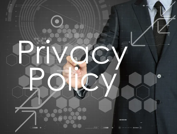 Uomo d'affari calligrafia Privacy Policy su un bordo trasparente — Foto Stock