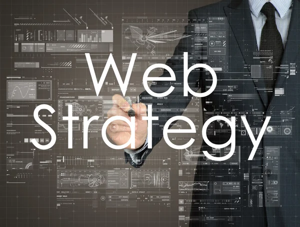 Geschäftsmann Handschrift Web-Strategie auf einer transparenten Tafel — Stockfoto