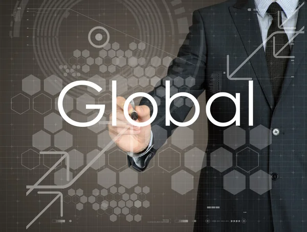 Global üzletember a kézírás egy átlátszó tábla — Stock Fotó