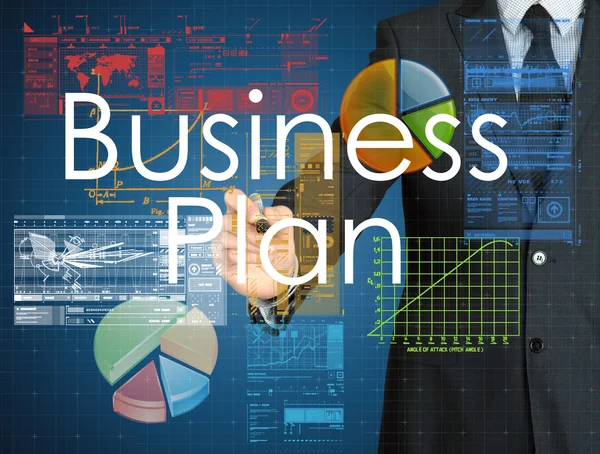O empresário está escrevendo Plano de Negócios no quadro transparente — Fotografia de Stock