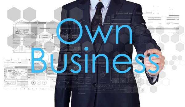 Empresário esboçando e escrevendo próprio negócio no fundo branco — Fotografia de Stock