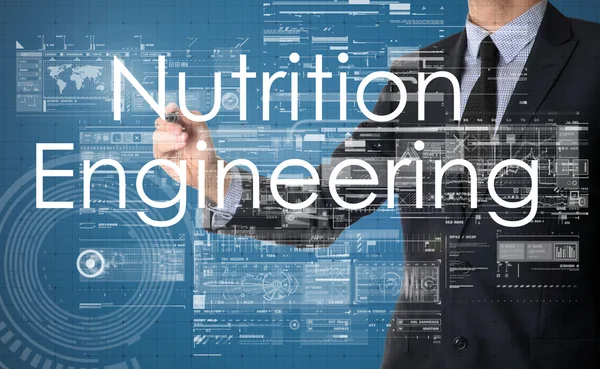 Empresário escrever terminologia tecnologia na tela virtual - engenharia de nutrição — Fotografia de Stock