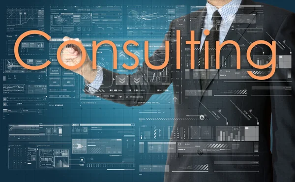 The businessman is writing Consulting on the transparent board — Stock Photo, Image