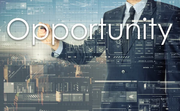 L'uomo d'affari sta scrivendo Opportunità nel consiglio trasparente — Foto Stock