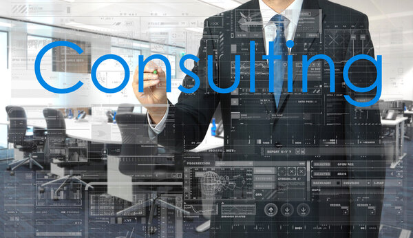 businessman writing on transparent board Consulting with office in background