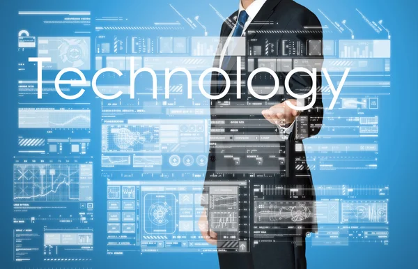 Geschäftsmann präsentiert Technologie Text und Grafiken und Diagramme — Stockfoto