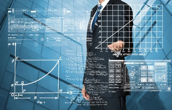 grafik ve diyagramlar ile gökdelen arka planda sunulması iş adamı