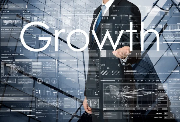 Üzletember bemutató növekedés szöveg és rajz, grafikonok és diagramok — Stock Fotó