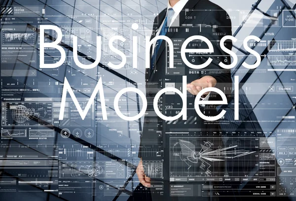 The businessman is presenting the business text with the hand: Business Model — Stock Photo, Image