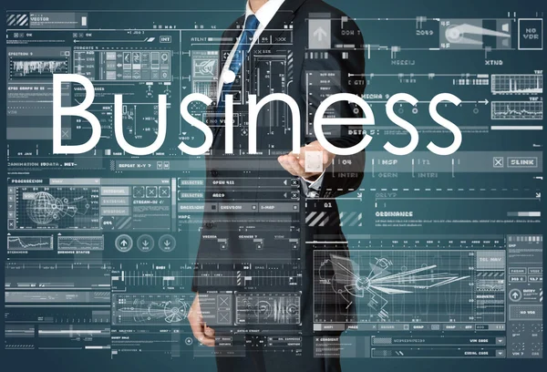 Бизнесмен представляет бизнес-текст рукой: Бизнес — стоковое фото