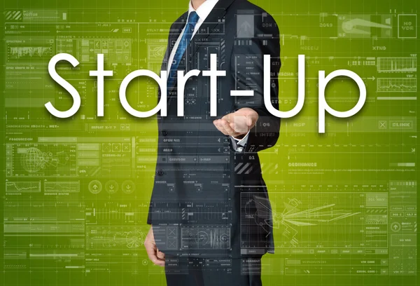 De zakenman is de presentatie van de business-tekst met de hand: opstarten — Stockfoto