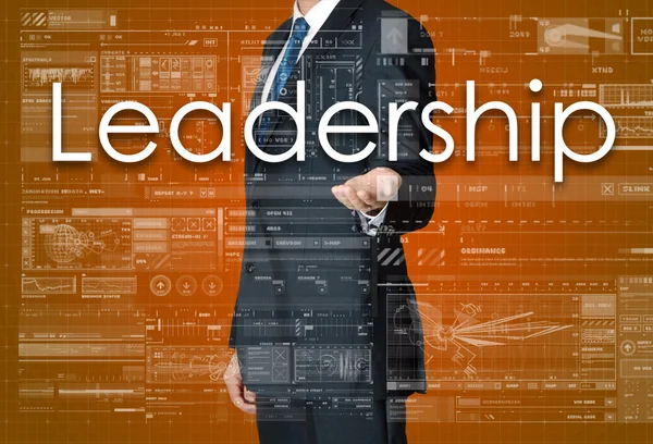 L'imprenditore presenta il testo aziendale con la mano: Leadership — Foto Stock