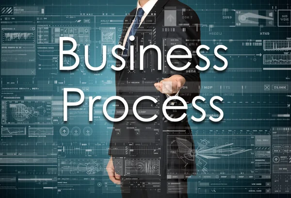 Biznesmen prezentuje biznes tekst ze strony: biznes obowią — Zdjęcie stockowe