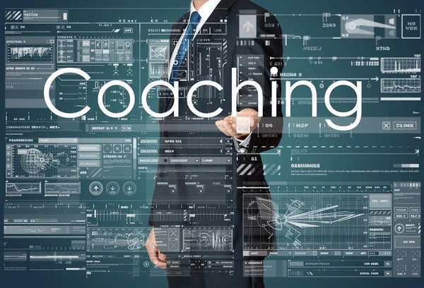 De zakenman is de presentatie van de zakelijke tekst met de hand: Coaching — Stockfoto