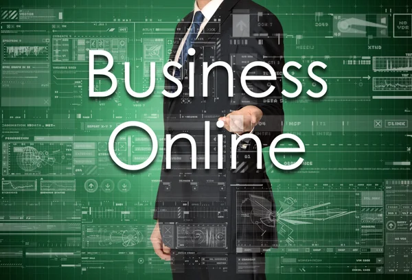 Affärsmannen presenterar business texten med handen: Business online — Stockfoto