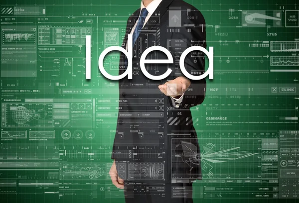 Podnikatel prezentuje obchodní text s rukou: Idea — Stock fotografie