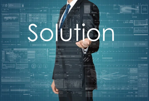 Biznesmen prezentuje biznes tekst ze strony: rozwiązanie — Zdjęcie stockowe