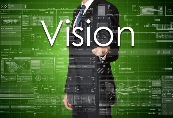 De zakenman is de presentatie van de business-tekst met de hand: visie — Stockfoto