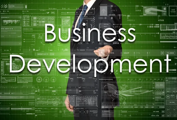 Az üzletember bemutatja az üzleti szöveg a kéz: üzletfejlesztési — Stock Fotó