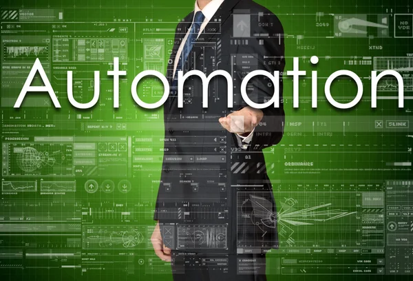 De zakenman is de presentatie van de business-tekst met de hand: automatisering — Stockfoto
