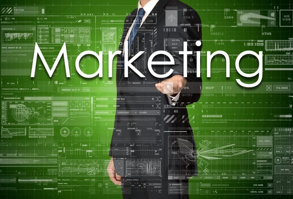 Der Geschäftsmann präsentiert den Geschäftstext mit der Hand: Marketing — Stockfoto