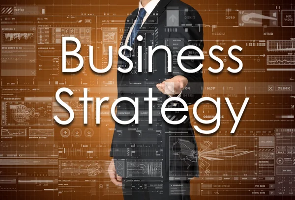 the businessman is presenting the business text with the hand: Business Strategy